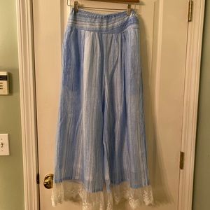 April Cornell blue wide leg pants with lace detail